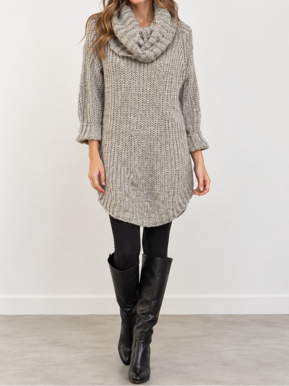 Dreamers Turtleneck Knit Sweater Dress Tunic Grey Slouchy Loose Cowl Neck Medium
